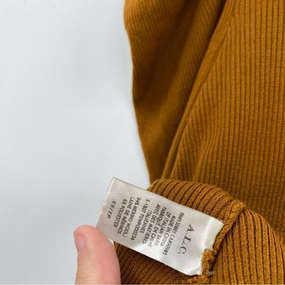 ALC Mustard Yellow Ribbed Knit Puff Sleeve Surplice Sweater - Picture 4 of 4